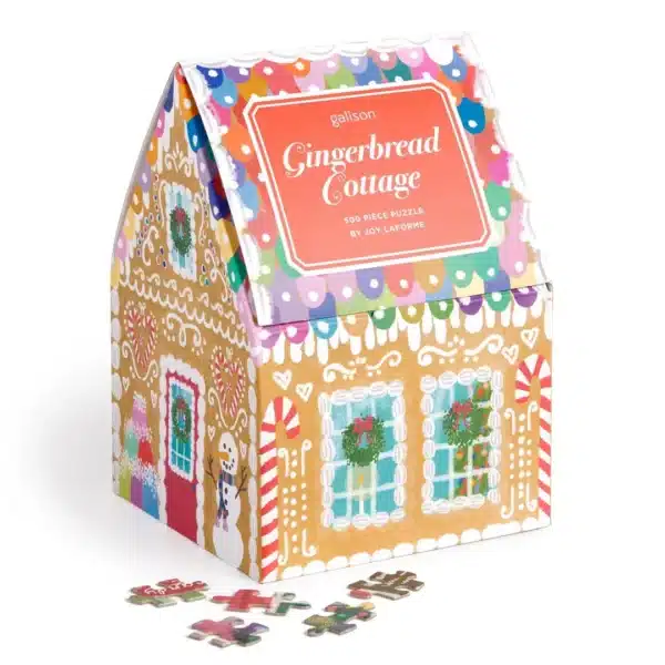 puzzle gingerbread cottage de la marque galison puzzle boite forme maison de 500 pièces, puzzle food puzzle de Noël