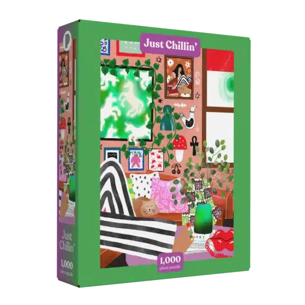 puzzle just chillin' de puzzledly de 1000 pièces, puzzle cozy illustré