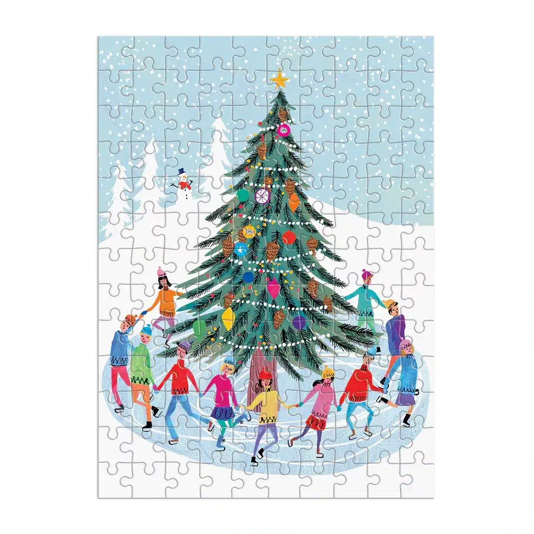 mini puzzle tree skaters de galison de 130 pièces, puzzle boite original de Noël monté.