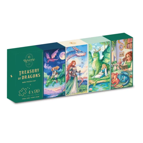 mini puzzles treasury of dragons, puzzle set de 4x99 pièces, puzzle fantaise, puzzle dragon.
