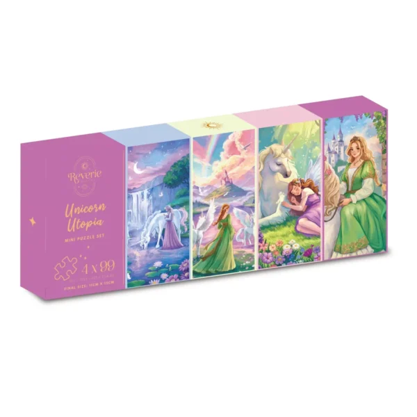Mini Puzzles Unicorn Utopia de Reverie de 4x99 pièces, puzzle licorne, puzzle coloré, puzzle illustré.