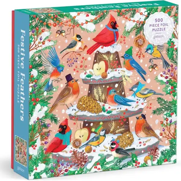 puzzle festive feathers de galison de 500 pièces, puzzle oiseaux, puzzle illustré de Noël