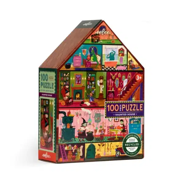 puzzle haunted house de eeboo de 100 pièces, puzzle Hallowenn, puzzle monstre maison hantée.