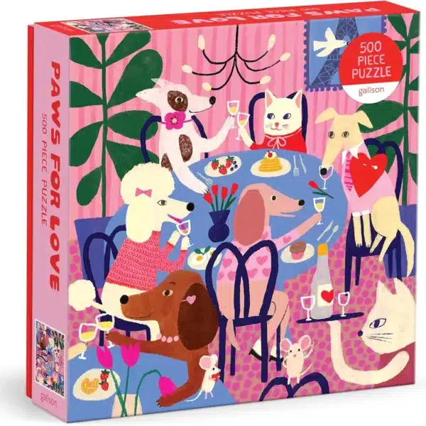 puzzle paws for love de galison de 500 pièces, puzzle amour, puzzle chat, puzzle chien