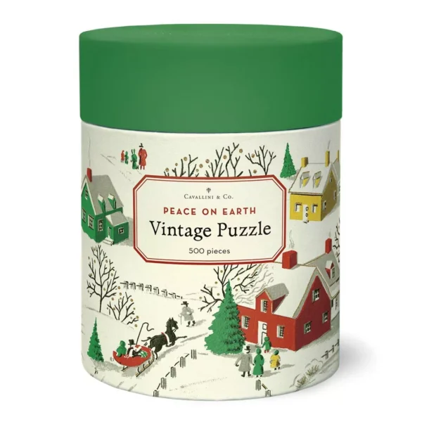 puzzle peace on earth de cavallini de 500 pièces, puzzle Hiver, puzzle village enneigé.