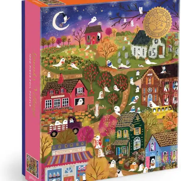 puzzle spooky village de 1000 pièces, illustré par joy laforme, puzzle Halloween puzzle adulte illustré.
