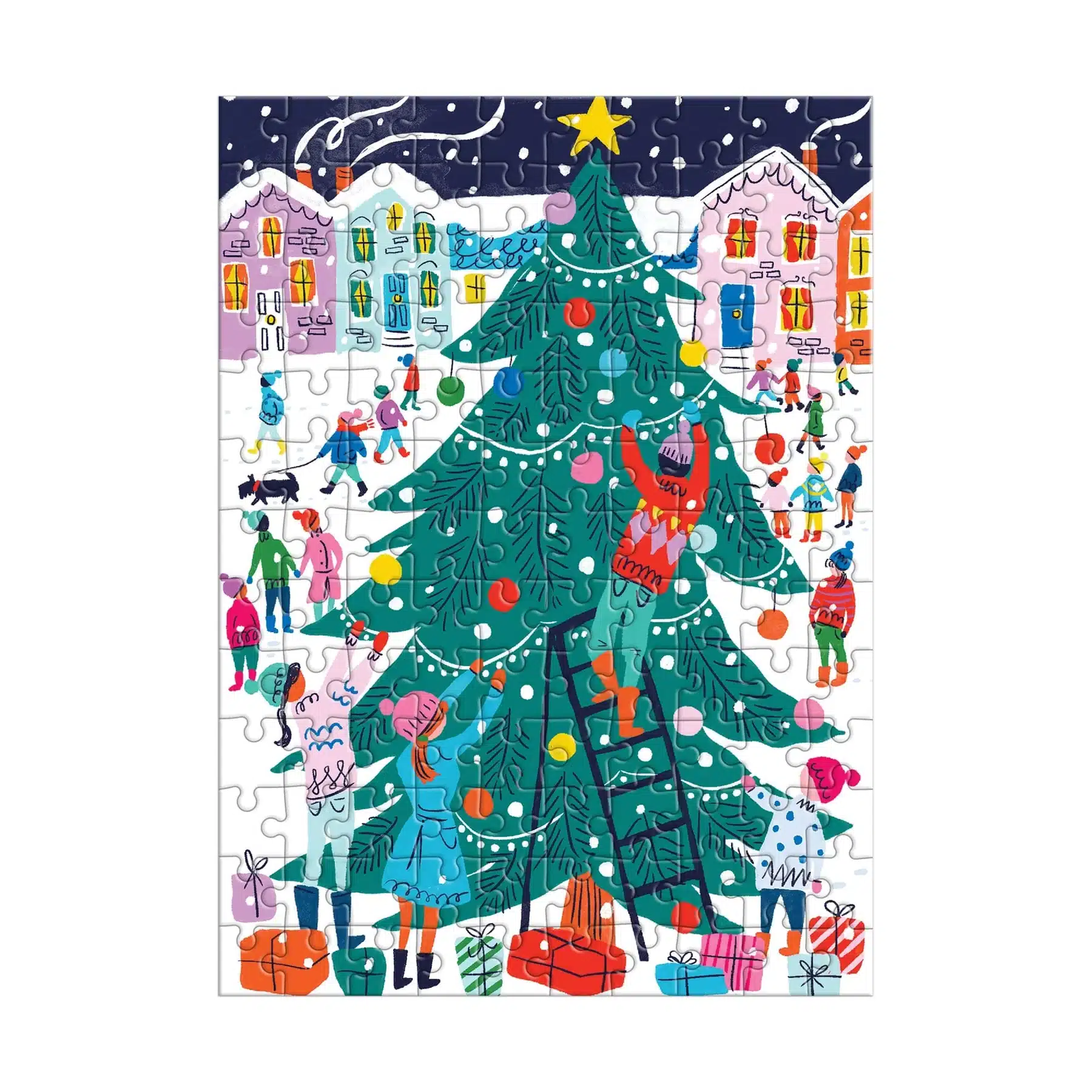 puzzle monté du mini puzzle tree decorating de galison de 130 pièces, puzzle boite original de Noël.