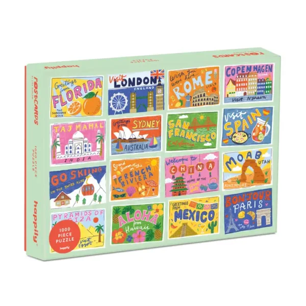 puzzle postcards de happily de 1000 pièces, puzzle vintage, puzzle voyage