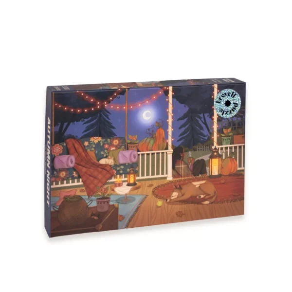 Puzzle Autumn Night – 1000 pièces, illustration d’une femme, un chien et un lapin flânant sur la terrasse d’une maison, entourés de décorations automnales et de citrouilles sous une nuit calme d’automne
