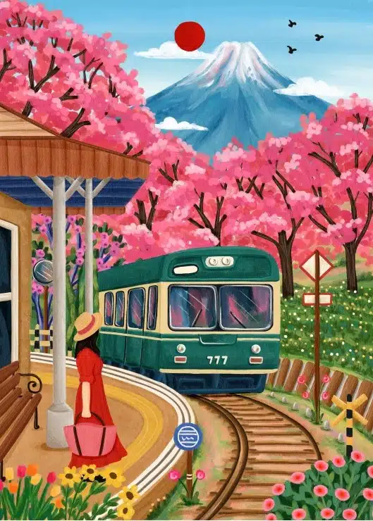 puzzle fuji blossoms 500 pièces de pieces & peace avec illustration de cerisiers japonais