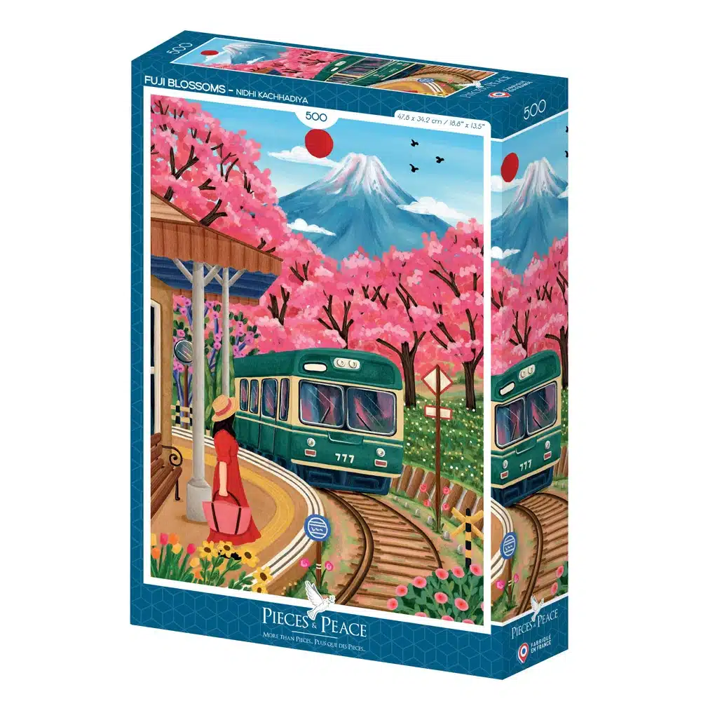 puzzle fuji blossoms 500 pièces de pieces & peace avec illustration de cerisiers japonais