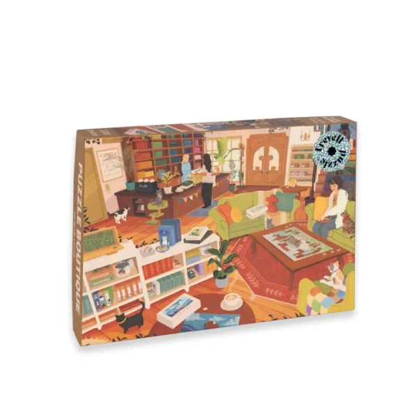 Puzzle Boutique Trevell – illustration d’une boutique de puzzles remplie de boîtes du sol au plafond, avec des chats et des accessoires pour passionnés