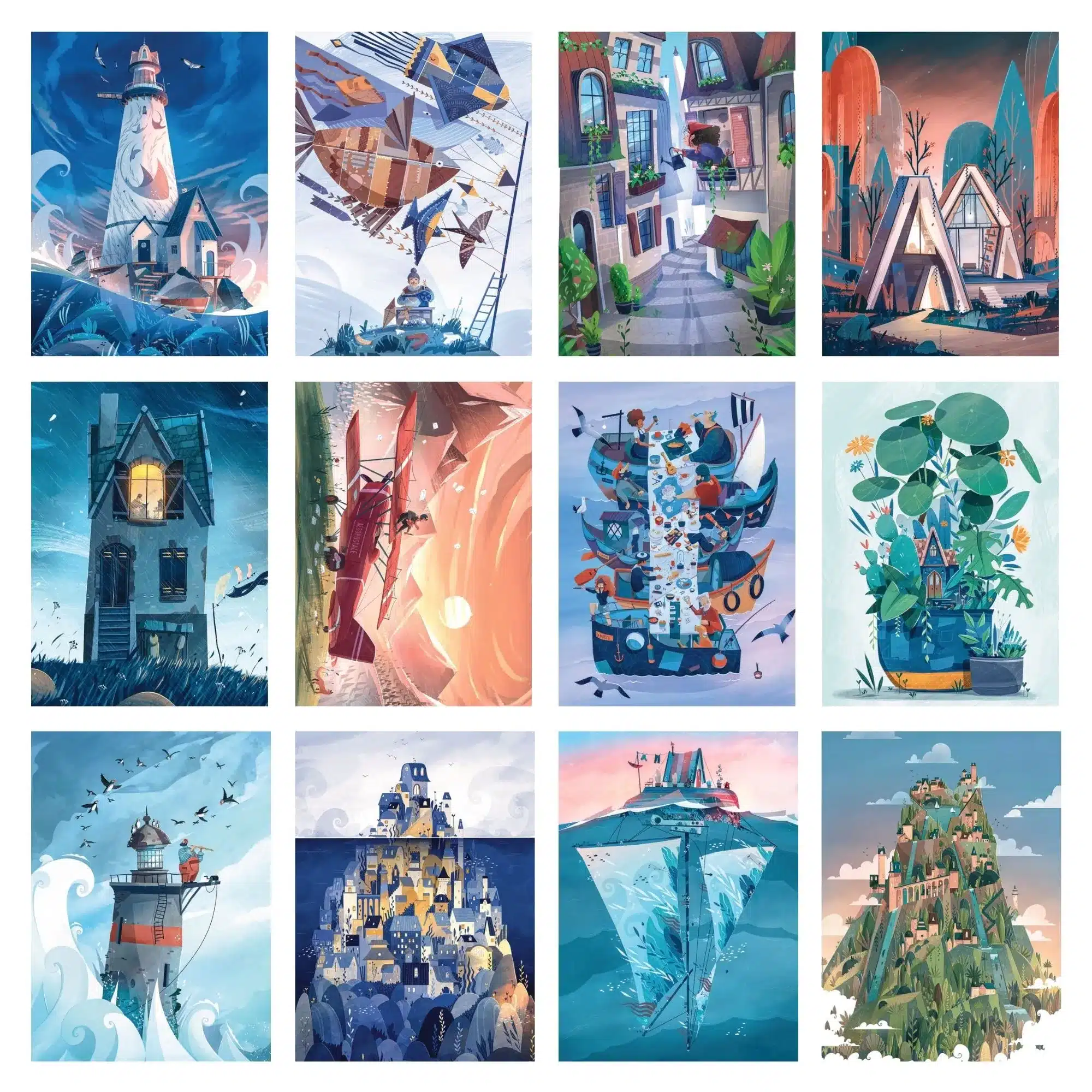Coffret « Puzzle in a Bottle » : une boîte en carton contenant 12 mini puzzles illustrés par Eor Glas Studio, idéale pour offrir et profiter de petits moments de détente créative.