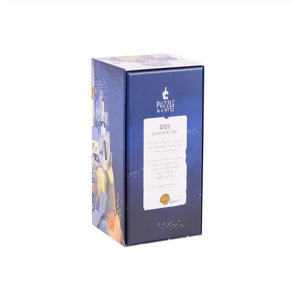 Dos de la boîte du Coffret Puzzle in a bottle de Trevell contenant 12 mini puzzles de 99 pièces