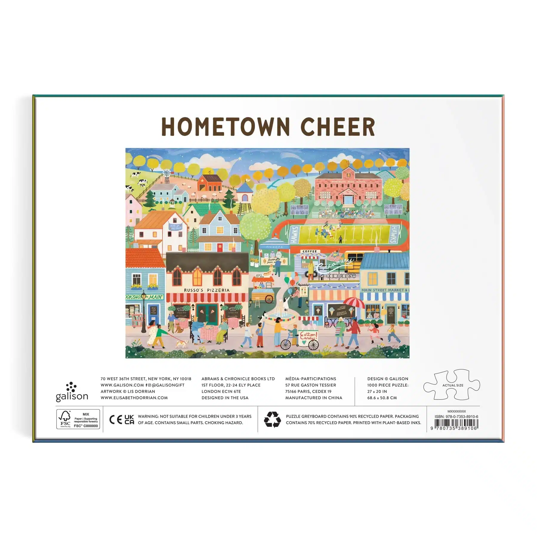 puzzle hometown cheering de galison de 1000 pièces dos de la boîte