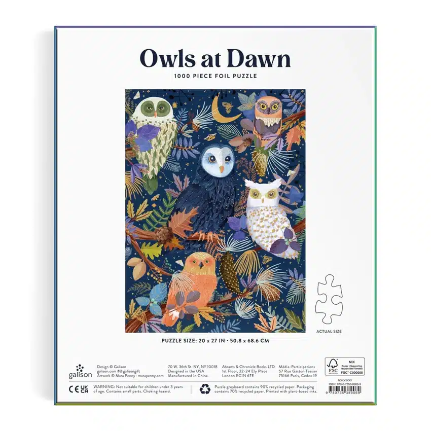 puzzle Owls at Dawn de galison de 1000 pièces, dos de la boîte