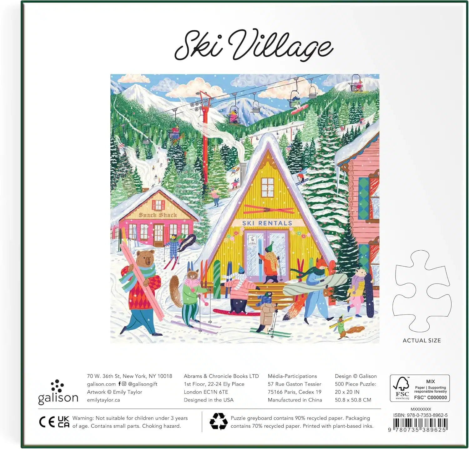puzzle ski village de galison de 500 pièces, dos de la boite